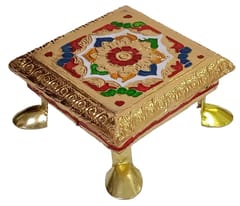 Wooden Meenakari Aasan Chowki: Flower Design Small Stand for Home Temple, 4 Inches, Multicolor (10203)