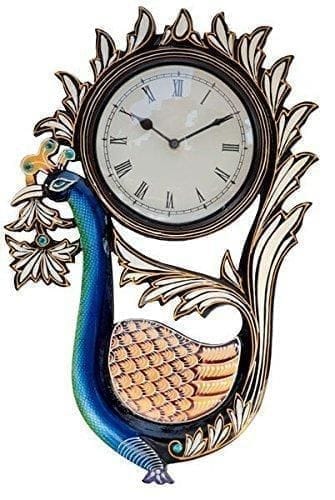 Traditional Rajasthani Peacock Shaped Wooden Designer Wall Clock 12x18 Inch (10106)