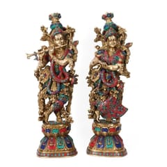 Radha-Krishna Magnificent Statue Set: Vintage Designer Idol in Solid Brass Metal with Turquoise Stone Work (10280)