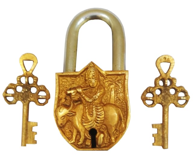 Handmade Brass Antique Lock with Srikrishna (10013)