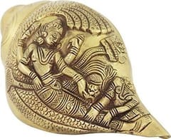 Rare Collection Blowing Shankh/Conch in Antique Finish Brass with Rich Sculpting of Hindu Religious Deities Vishnu-Lakshmi (10384)