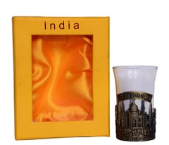 Indian Souvenier , 1 shot glass embedded in carved metallic case of Taj Mahal & Gateway of India (10356)