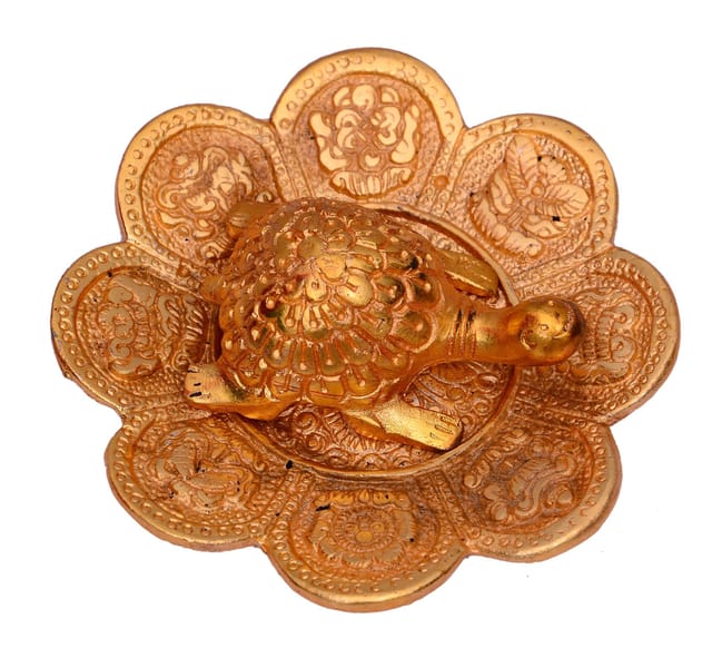 Brass metal Feng Shui tortoise on plate showpiece, Good Luck charm (10455)