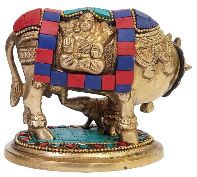 Brass Idol Kamdhenu Cow With Calf: Collectible Statue With Gemstone Overlay (10448)