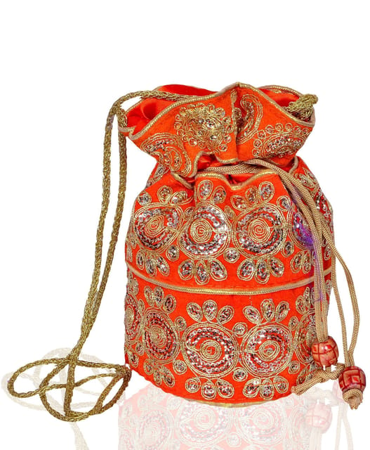 Traditional Silk Potli bag for Women,Orange color (10533)