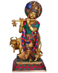 Hindu Religious Lord Krishna With Cow Statue with Gemstonework (10666)