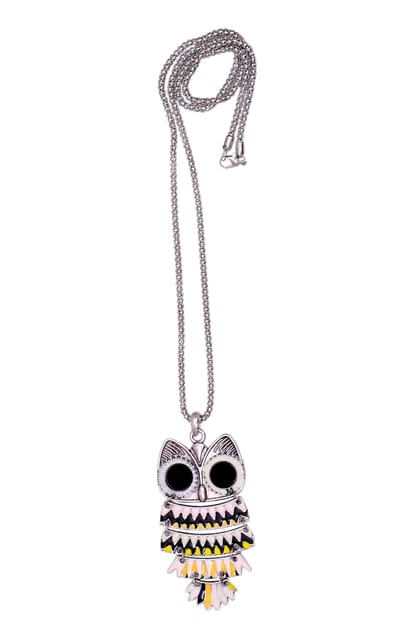 Necklace With Long Chain And Colorfully Painted Funky Metallic Owl with Big Eyes Pendant (30072)