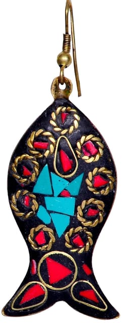Brass Dangle Earrings With Artistic Mosaic Stonework Partwear Jewelery (30064)
