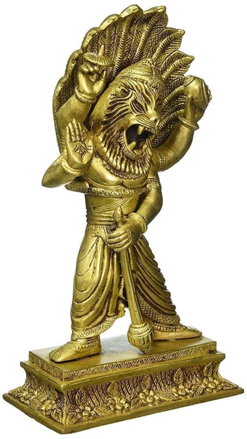 Brass Idol Lord Vishnu Narsimhman (Vishnu Avatar Narasimha): Decorative Statue  for Home Temple (10808)