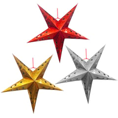 Glossy Paper Stars Set of 3 Golden Silver Red Hanging Paper Lantern for Christmas, New Year Celebration Party Decoration (chst06)