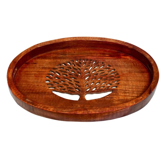 Wooden Oval Serving Tray - Tree Of Life: Unique Cut Work Design & Big Size For Dining Table, Kitchen  (10785)
