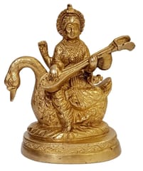 Brass Statue Saraswati (Saraswathi): Hindu Goddess Of Knowledge, Music & Art; Decor Gift (11006)