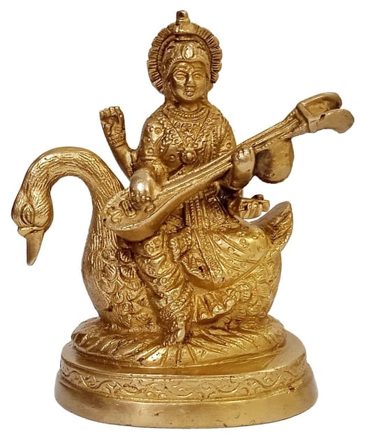 Brass Statue Saraswati (Saraswathi): Hindu Goddess Of Knowledge, Music & Art; Decor Gift (11006)