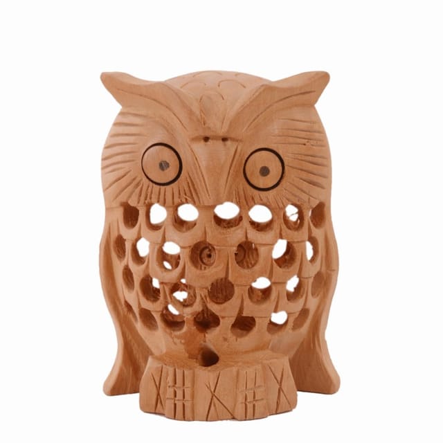 Wooden Owl With Jaali Carving Work; Miniature Idol Gift Vaastu Feng Shui Good Luck Charm (10981)