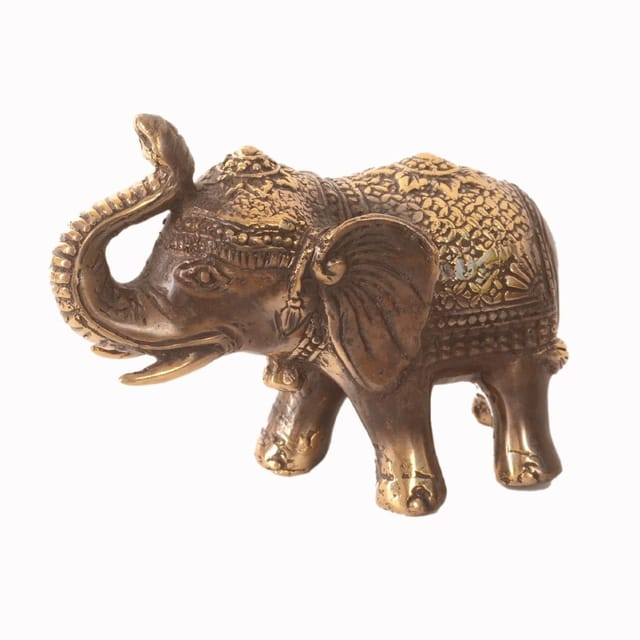 Brass Elephant Statue Showpiece In Antique Finish And Gold Adornments: Feng Shui Good Luck Symbol (10964)