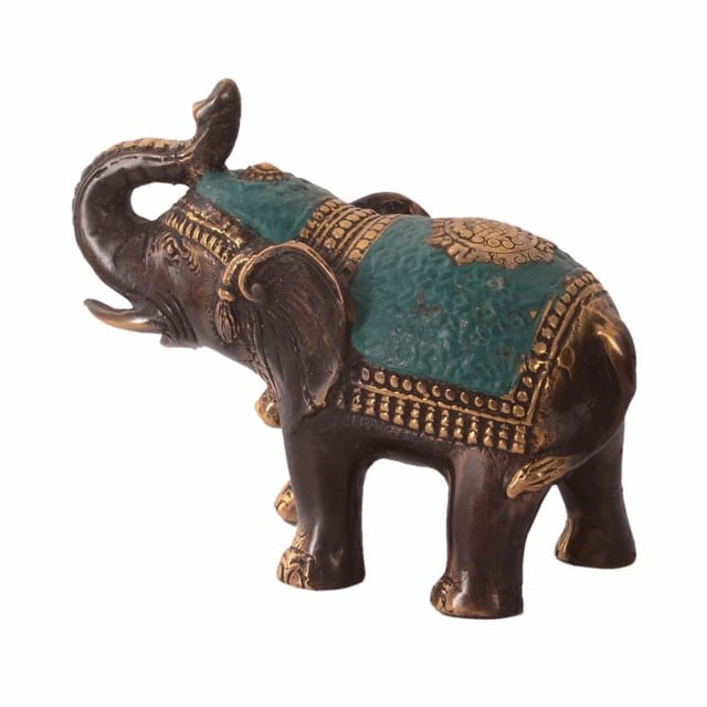 Brass Elephant Statue Idol In Unique Green Polish And Golden Adornments: Feng Shui Good Luck Symbol (10965)