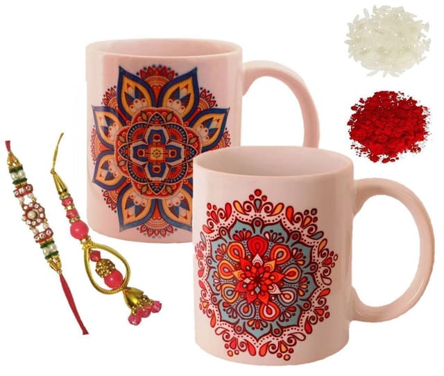 Rakhi Hamper For Bhaiya & Bhabhi : 2 Ceramic mug with Ethnic Indian Designs 2 Designer Rakhis & Roli Chawal (rakhi64c)