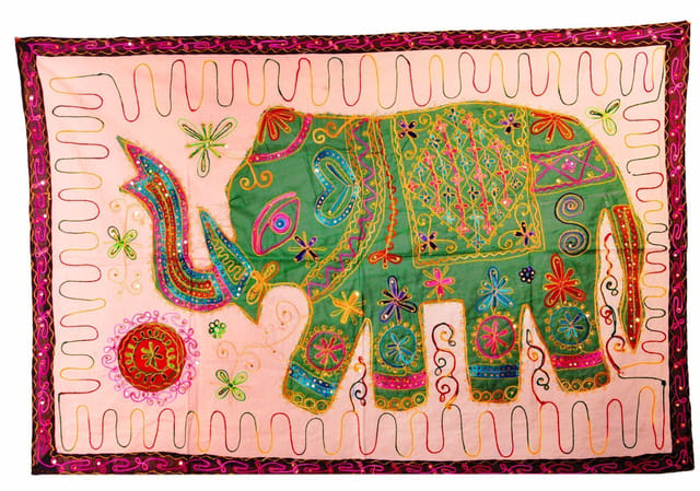 Cotton Tapestry 'Royal Elephant': Vintage Patchwork Sequin Embroidery Bed Throw Or Wall Hanging (11357)