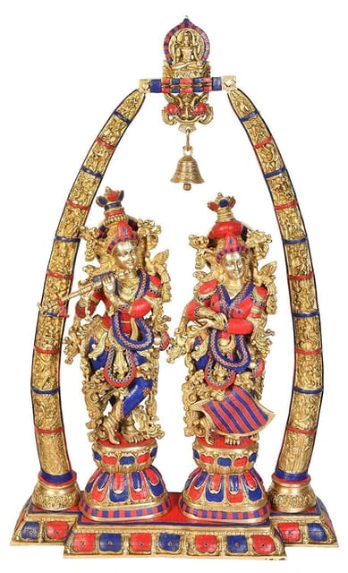 Brass Idol Radha-Krishna with Arch: Vintage Designer statue with Gemstones (10280a)