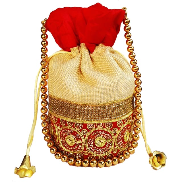 Rich Velvet & Jute Potli Bag (Clutch, Drawstring Purse, Evening Handbag) For Women With Gold Embroidery Work and Golden Beads String , Red (11477)