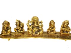 Metal Idol Ganesha on Banana Leaf: Set of 5 Ganeshas Playing Divine Music (11551)