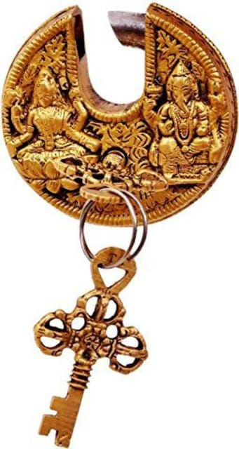 Brass Padlock Ganesha-Lakshmi: Round Shape Antique Design; Unique Collectible?(11295)