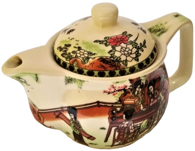 Painted Ceramic Kettle 'Garden Picnic': Small 350 ml Tea Coffee Pot, Steel Strainer Included (11608)
