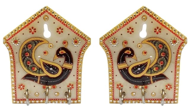 Marble Key Hooks 'Dancing Peacocks' (Set of 2): Unique Indian Wall Decor Souvenir (11565)