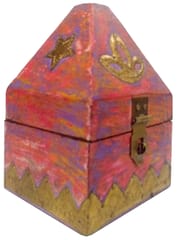 Wooden Decorative Jewelery Box: Distress Finish with Metal Work Hut Design, Red (15362B)