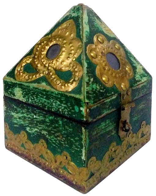 Wooden Decorative Jewelery Box: Distress Finish with Metal Work Hut Design, Green (15362A)