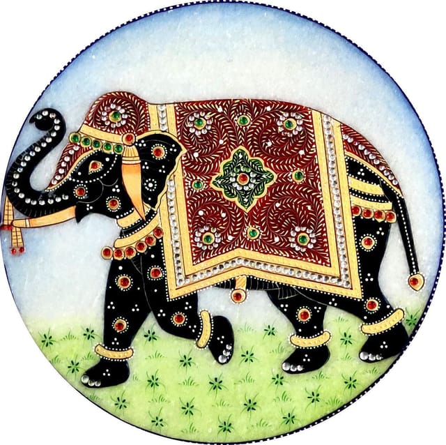 Marble Painting Royal Elephant: Hand Painted Tile with Gold Work & Beads, 9x9 Inches (12094)