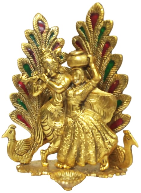 Metal Idol Radha Krishna Ras Leela:  Glorious Statue with Peacocks & Diya (12197)