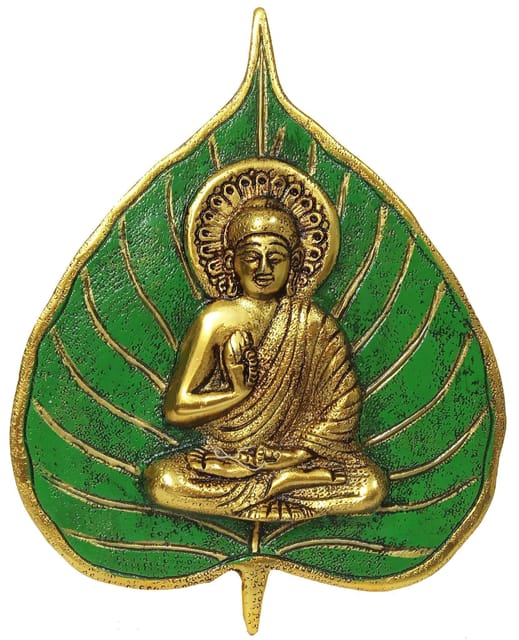 Metal Wall Hanging Buddha: Gold Finish Buddha Idol on Painted Leaf (12188)