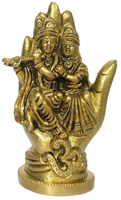 Brass Idol Radha Krishna: Seated on Hand Shape Throne with Om (12170)