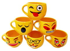 Ceramic Mug Set: 6 Yellow Tea Coffee Cups In Funny Faces Design, Fun Party Gift (12310)