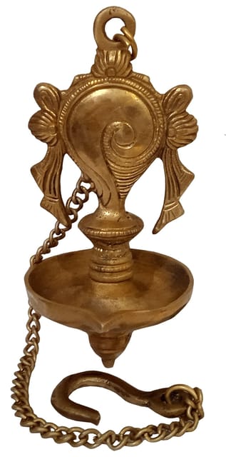 Brass Hanging Diya Nila Vilakku Shankh Oil Lamp: Gada Padma Padmanabha Swami Vishnu Symbol (12279)