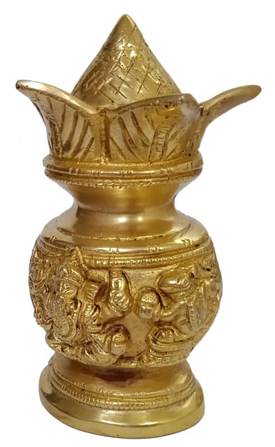 Brass Kalash Lakshmi Ganesh: Rare Collection Decorative Temple Vase With Nariyal For Puja Hawan Ceremony (12430)