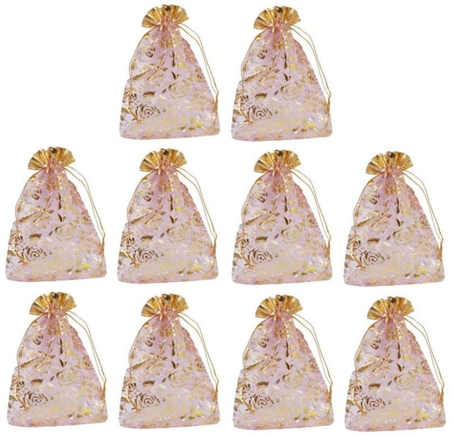 Polyester Net Brocade Gift Pouch, Pink, 7 Inches: Pack of 10 Potli Gift Bags (12080D)