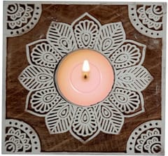 Wooden T Light Candle Holder: Unique Printing Block Rangoli Design (12509)