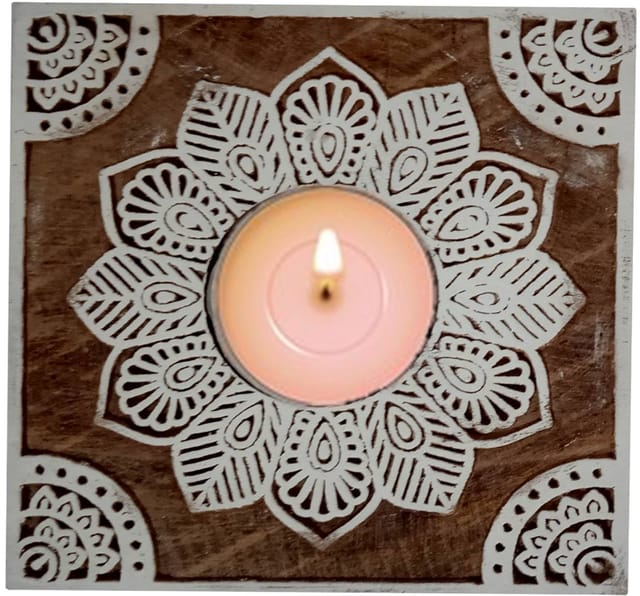 Wooden T Light Candle Holder: Unique Printing Block Rangoli Design (12509)