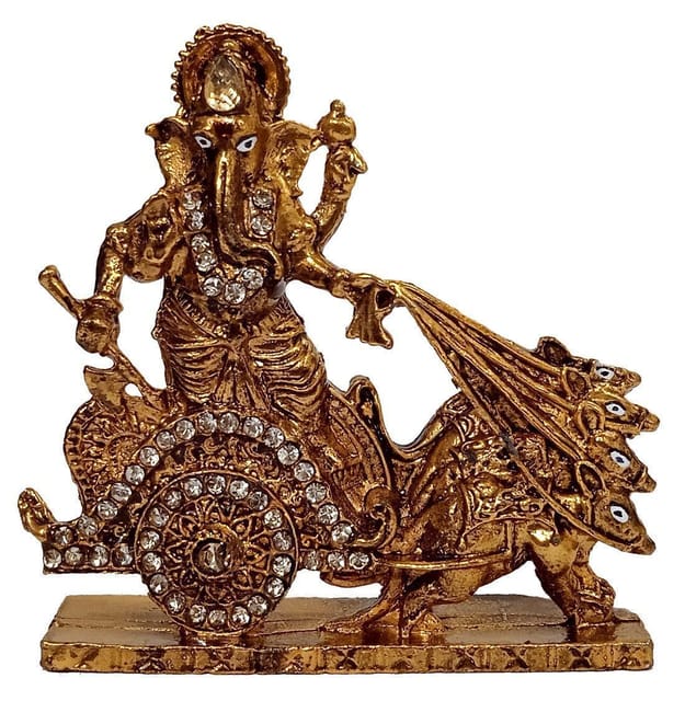 Metal Idol Ganesha On Mooshak Rath: Glittering Stones Statue Ganapathis On Mouse Chariot (12536)