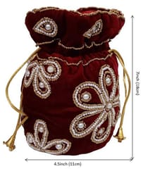 Chenille Potli Bag (Clutch, Drawstring Purse): Intricate Bead Work Satchel Handbag, Maroon (12396G)