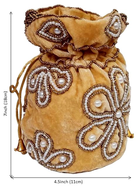 Chenille Potli Bag (Clutch, Drawstring Purse): Intricate Bead Work Satchel Handbag, Gold (12396F)