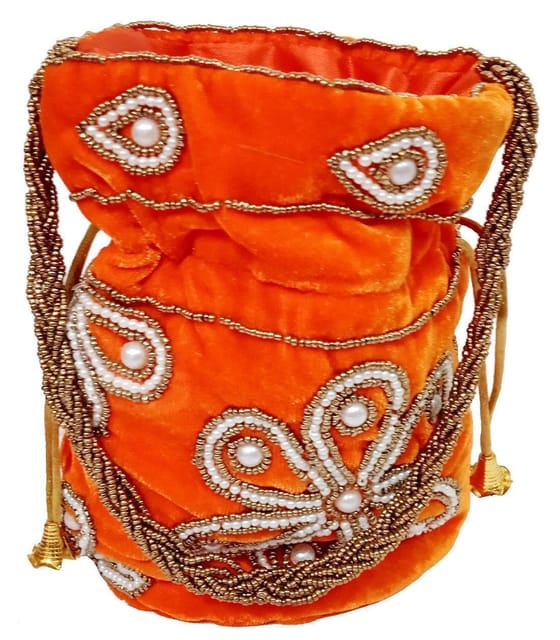 Chenille Potli Bag (Clutch, Drawstring Purse): Intricate Bead Work Satchel Handbag, Orange (12396E)