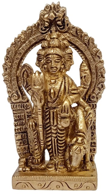 Brass Idol Dattatreya with Auspicious Cow: Brahma Vishnu Mahesh Shiva Tridev Trimurti Statue (11914A)