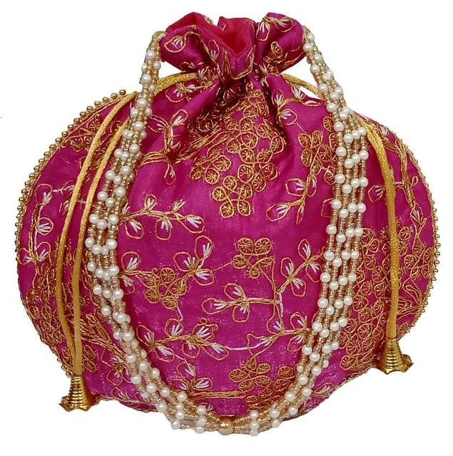 Silk Potli Bag (Clutch, Drawstring Purse): Intricate Gold Thread & Sequin Embroidery Satchel For Women, Rani Pink Fuchsia (12602G)