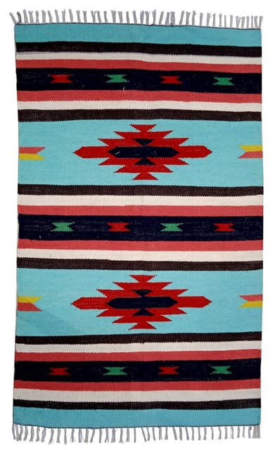 Woollen All-Season Area Rug / Carpet / Dhurrie 'Gentle Flow': Handwoven By Master Artisans In Large Size (5*3 feet or 15 Square feet), Multicolor (10065J)