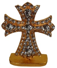 Metal Jesus Cross With Glittering Gemstones: Tabletop Idol For Home Or Car (11742A)