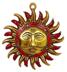 Metal Idol Sun God Sooraj Surya Devta: Gold Finish Hanging Statue With Gemstones Overlay (12669)