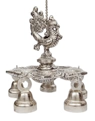 Metal Hanging Diya Peacock & 5 Lights: Panchbatti Neela Vilakku Oil Lamp in Silver Finish (12193A)
